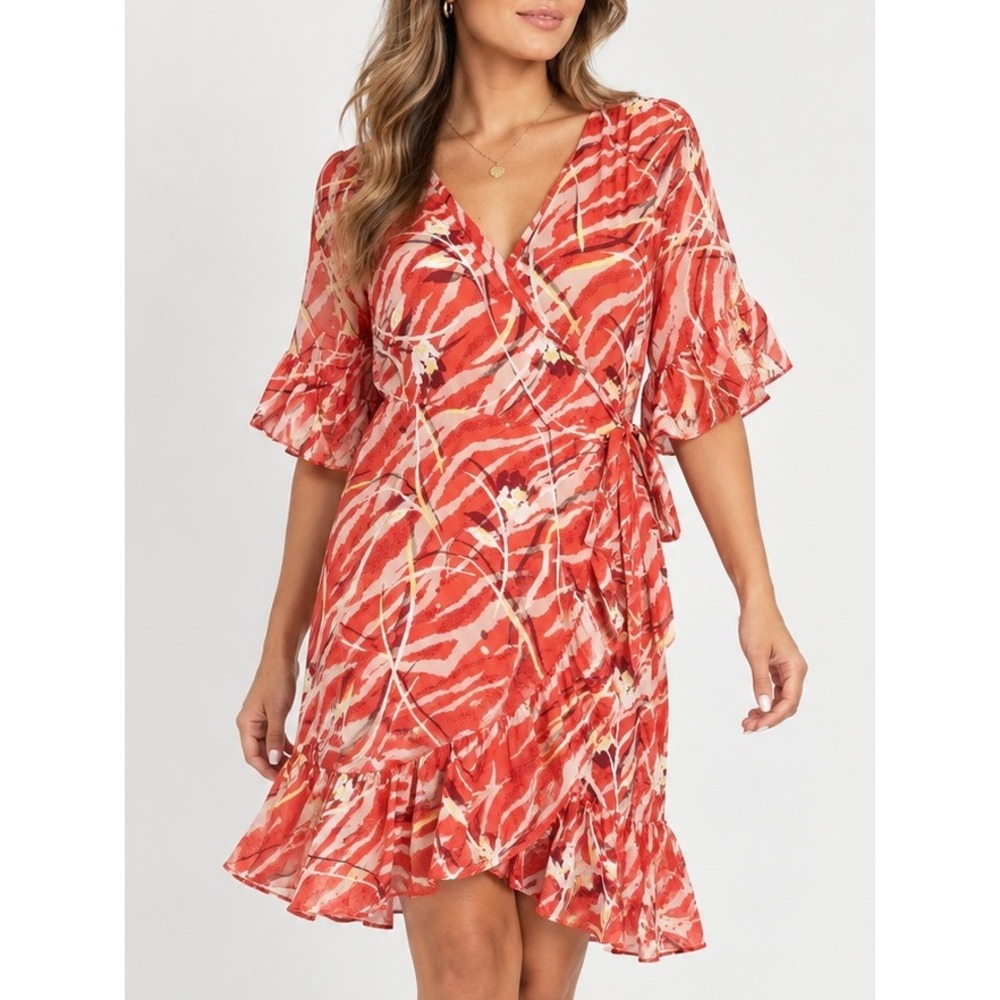 AllSaints Marlow Kazuno Red Abstract Floral Wrap Dress Ruffle Sleeve L